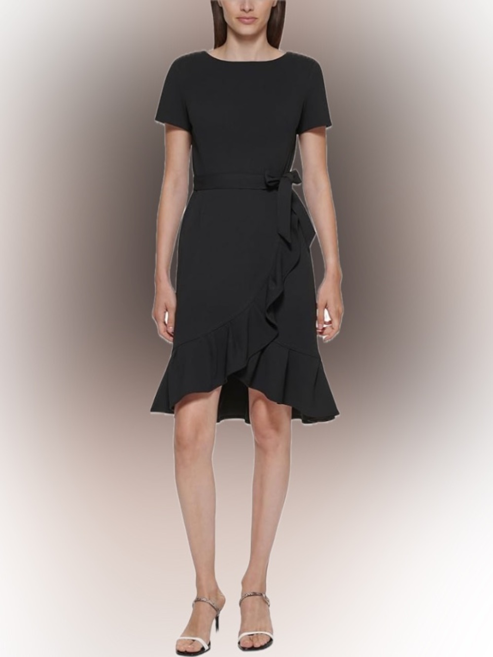 Calvin Klein NWT Black Short-Sleeve Ruffle Wrap Midi Dress Size 4 - Picture 3 of 10